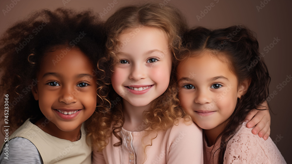 3 girls, different skin colors A confident many child posing against a Isolated backdrop, her bright smile  and a clear orange pink t shirt, isolated in a light b grey studio.