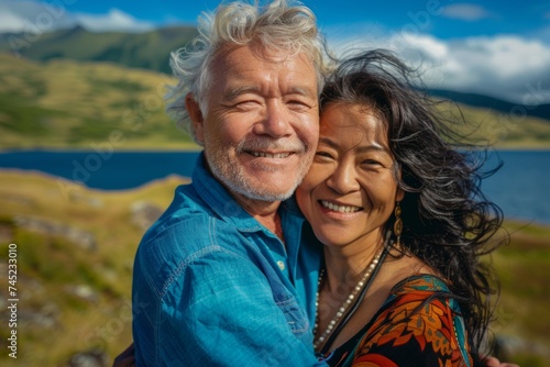 Joyful Senior Mixed-Race Couple Hugging on a Mountain Overlooking a Serene Lake