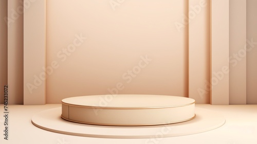 A beautiful round Horizontal Minimalistic pastel beige Podium for the Presentation of products  Cosmetics  Awards. A Stage  a Showcase  a Pedestal  a Platform  Stand with empty Space for Advertising.