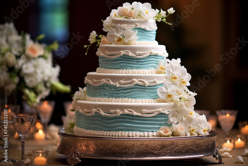 Elegant blue and white wedding cake adorned with white orchids