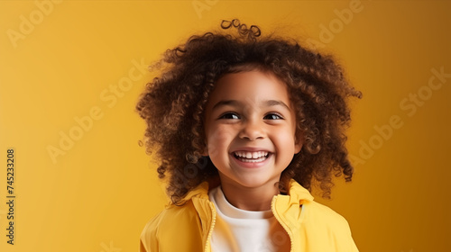 Close up of girl with white skin, brown short hair, wavy hair and a clear orange or yellow t shirt, isolated in a light orange studio. Portrait person. © Sittipol 