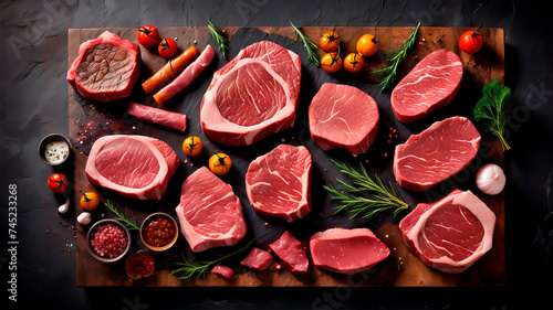 Sumptuous Symphony: A Captivating Culinary Canvas of Prime Beef Steaks and Luscious Raw Cuts on a Rustic, Dark Table