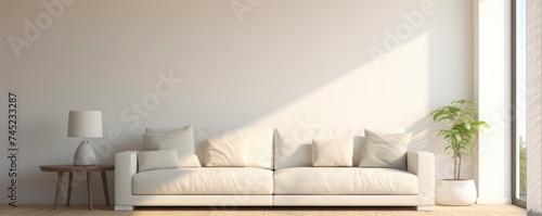 Modern living room interior with bright creamy sofa, white wall background