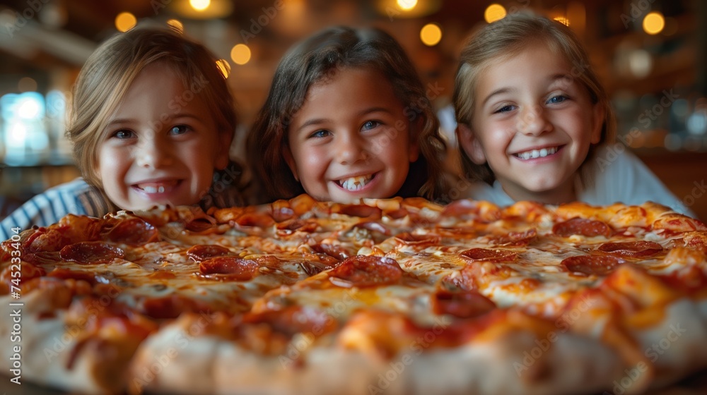 Three happy girls sharing a large pizza, smiling in front of their favorite dish