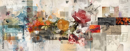 Collage of Flowers and Newspapers on Wall