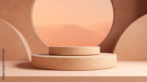 A beautiful round Minimalistic pastel beige stone Podium for the Presentation of products, Cosmetics, Awards. A Stage, a Showcase, a Pedestal, a Platform, A Stand with an empty Space for Advertising.