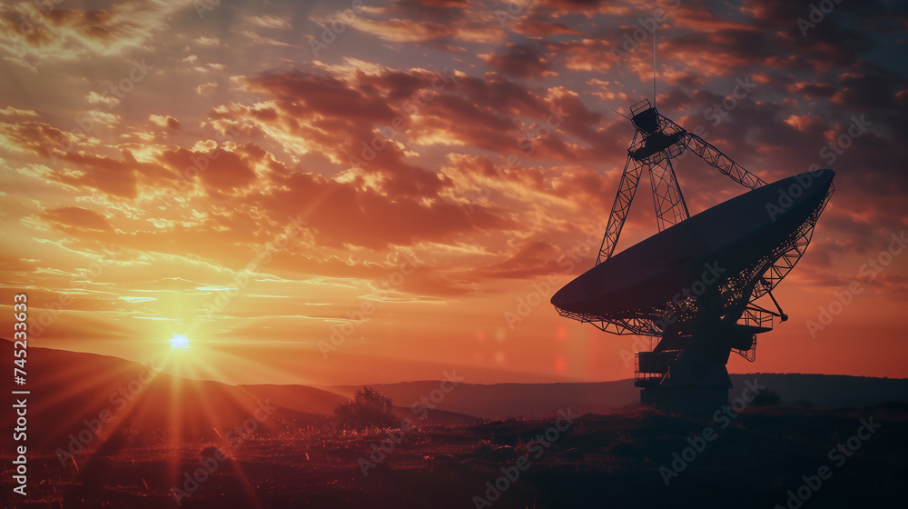 satellite antenna in a desert at sunset satellite antenna in a desert at sunset