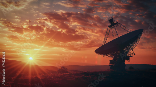 satellite antenna in a desert at sunset 
