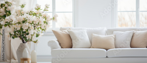 Modern Minimal clean clear contemporary white living room interior  home interior design daylight background, white sofa furniture and flowers couch in living room daylight from window, copyspace © ND STOCK