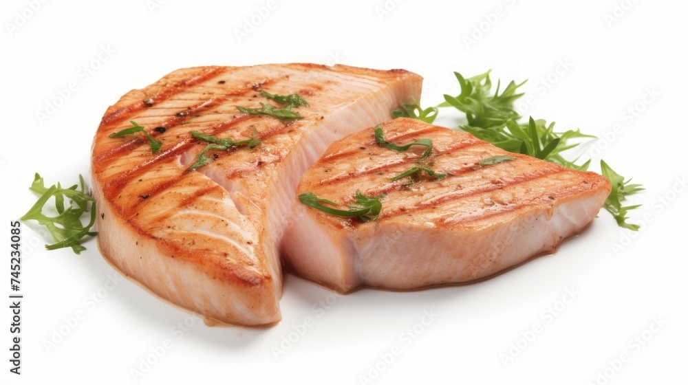 Close-up realistic photo of a marinated swordfish steak against a white background Generative AI