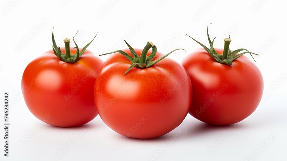 Close-up realistic photo of three plump, ripe tomatoes on a white background Generative AI Close-up realistic photo of three plump, ripe tomatoes on a white background Generative AI