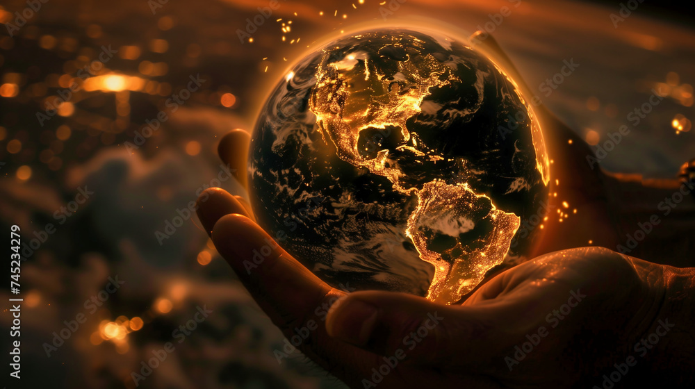 gold shining earth protect in the hand - obrazy, fototapety, plakaty 