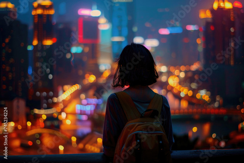 A young woman exploring a vibrant cityscape at dusk