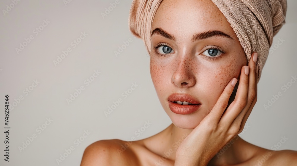 A Portrait of woman applies cream to her face. Beauty theme A Portrait of woman applies cream to her face. Beauty theme