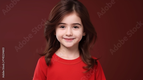 Close up of girl with white skin  brown long hair  wavy hair and a clear red t shirt  isolated in a light red studio. Portrait person.