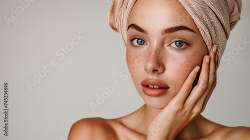 A Portrait of woman applies cream to her face. Beauty theme 