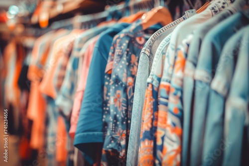 Clothing racks with a variety of colorful garments at a fashion retail store, perfect for shopping themes. photo