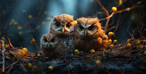 great horned owl in autumn, Enchanting Owl Family Nesting in Tree Hollow Create a magical scene with a family of owls nesting in the hollow of a tree, their fluffy cheeks peeking out from the safety o