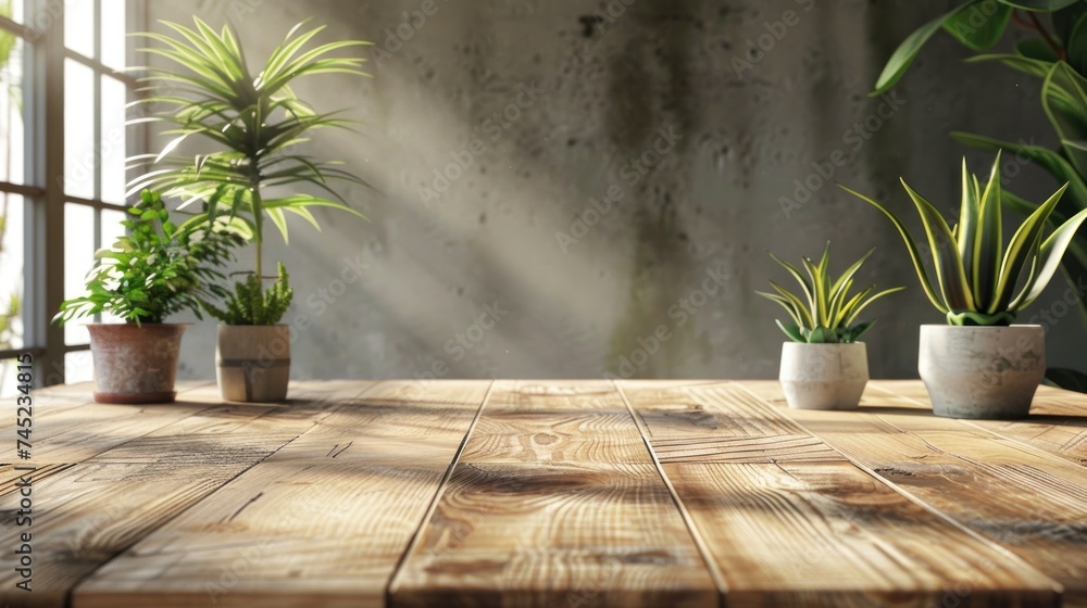 wooden table mockup background , add some plants, stylish wooden table mockup background , add some plants, stylish