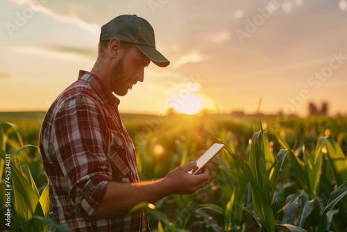 Agronomist and Farmer Analyzing Corn Growth Using Tablet at Sunset in Cornfield