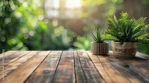 wooden table mockup background  add some plants  stylish