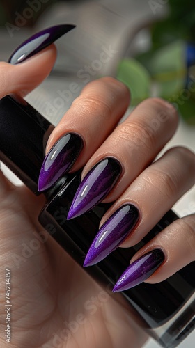 spring classic french DarkPurple-biege nail art nails, one hand with a black can of nail polish, beautiful,perfect fingers, perfect long nails, beautiful nail photography, realistic