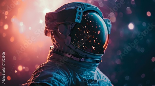 Modern astronaut in outer bokeh space