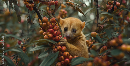 Enigmatic Kinkajou Foraging in Treetops Create a sense of mystery with the sight of a kinkajou foraging for fruit in the treetops of the jungle, its masked face and prehensile tail adding to its secre photo