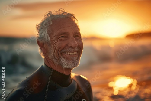 Mature Surfer with Wetsuit Smiling on the Beach at Sunset © bomoge.pl