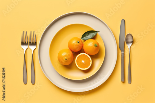 Indulge in a visual feast with this vibrant flat-lay of fresh oranges on a pastel plate