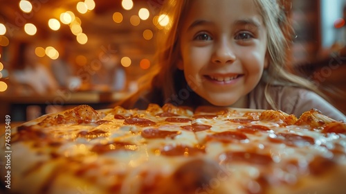 Happy little girl smiling with a Californiastyle pizza in front of her