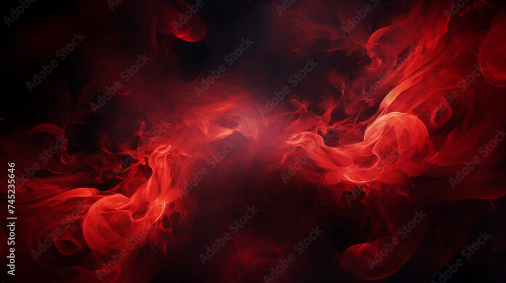 Image of puffs of red smoke in a dynamic and exciting composition on a dark background with copy space. Abstract smoke and fog cloud on black background, fire design and darkness concept