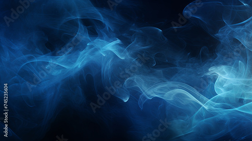 Image of puffs of blue smoke in a dynamic and exciting composition on a dark background with copy space. Abstract smoke and fog cloud on black background, fire design and darkness concept