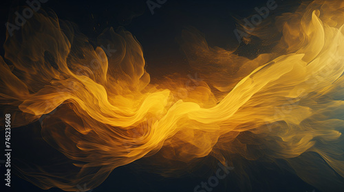 Image of puffs of golden or yellow smoke in a dynamic and exciting composition on a dark background with copy space. Abstract smoke and fog cloud on black background, fire design and darkness concept