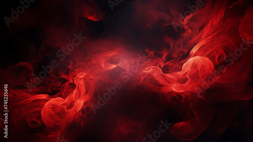 Image of puffs of red smoke in a dynamic and exciting composition on a dark background with copy space. Abstract smoke and fog cloud on black background, fire design and darkness concept