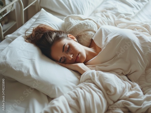 Sleeping young woman in bed. Healthy sleep. AI generative.
