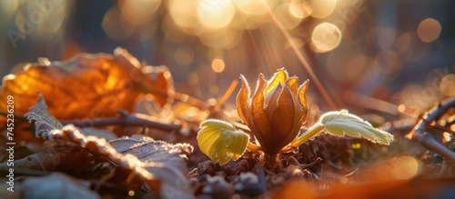 A detailed view of a horse chestnut sprout with vibrant green leaves lying on the ground, illuminated by the spring sun. photo