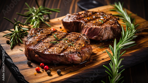 Medium-roasted beef steaks with rosemary on a wooden board. 