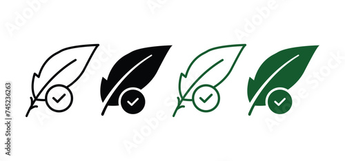 Feather Hypoallergenic Concept Silhouette and Line Icon Set. Soft Sensitive Skin Sign. Hypoallergenic Tested Cosmetic Product Black and Green Symbol. Feather Check Logo. Isolated Vector Illustration.