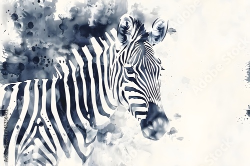 Zebra  watercolor image with copy space. Monochrome