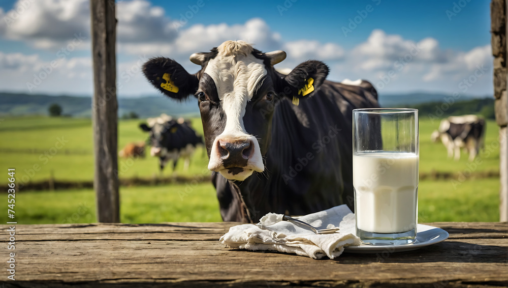 Fototapeta premium Szkło świeżego mleka i ser na tle pastwiska z krowami