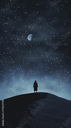 Solitary Figure Under Moonlit Starry Sky