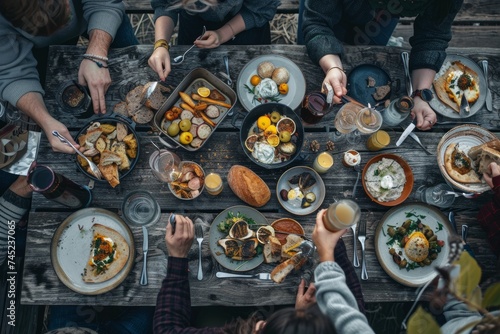 Overhead View of Families Enjoying a Dinner Feast at an Outdoor Restaurant Table on Vacation