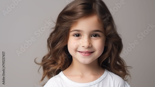 Close up of girl with white skin, brown long hair, wavy hair and a clear white  t shirt, isolated in a light white studio. Portrait person. © Sittipol 