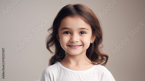 Close up of girl with white skin  brown long hair  wavy hair and a clear white  t shirt  isolated in a light white studio. Portrait person.