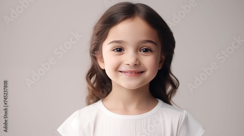 Close up of girl with white skin, brown long hair, wavy hair and a clear white t shirt, isolated in a light white studio. Portrait person.
