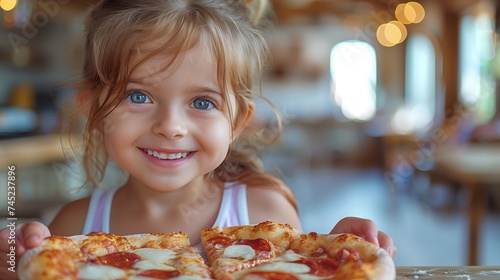 Happy little girl holding two pizzas  smiling with joy