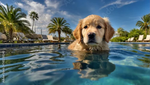 Fototapeta samoprzylepna Szczeniak golden retrievera cieszący się pływaniem w basenie