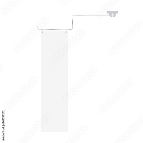 Blank fabric hanging pop banner on metal pole realistic vector mock-up. Promotional retail display sign isolated on white background mockup. Template for design