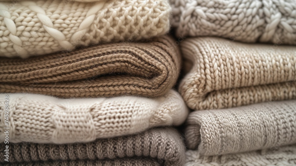 Cozy Knitwear Pile: Warm Winter Woolen Sweaters Stack Cozy Knitwear Pile: Warm Winter Woolen Sweaters Stack